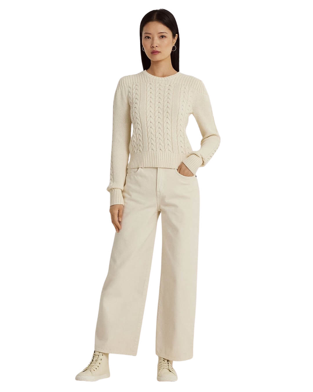 Lauren By Ralph Lauren Jumpers Lauren by Ralph Lauren Cream Cable-Knit Puff-Sleeve Sweater