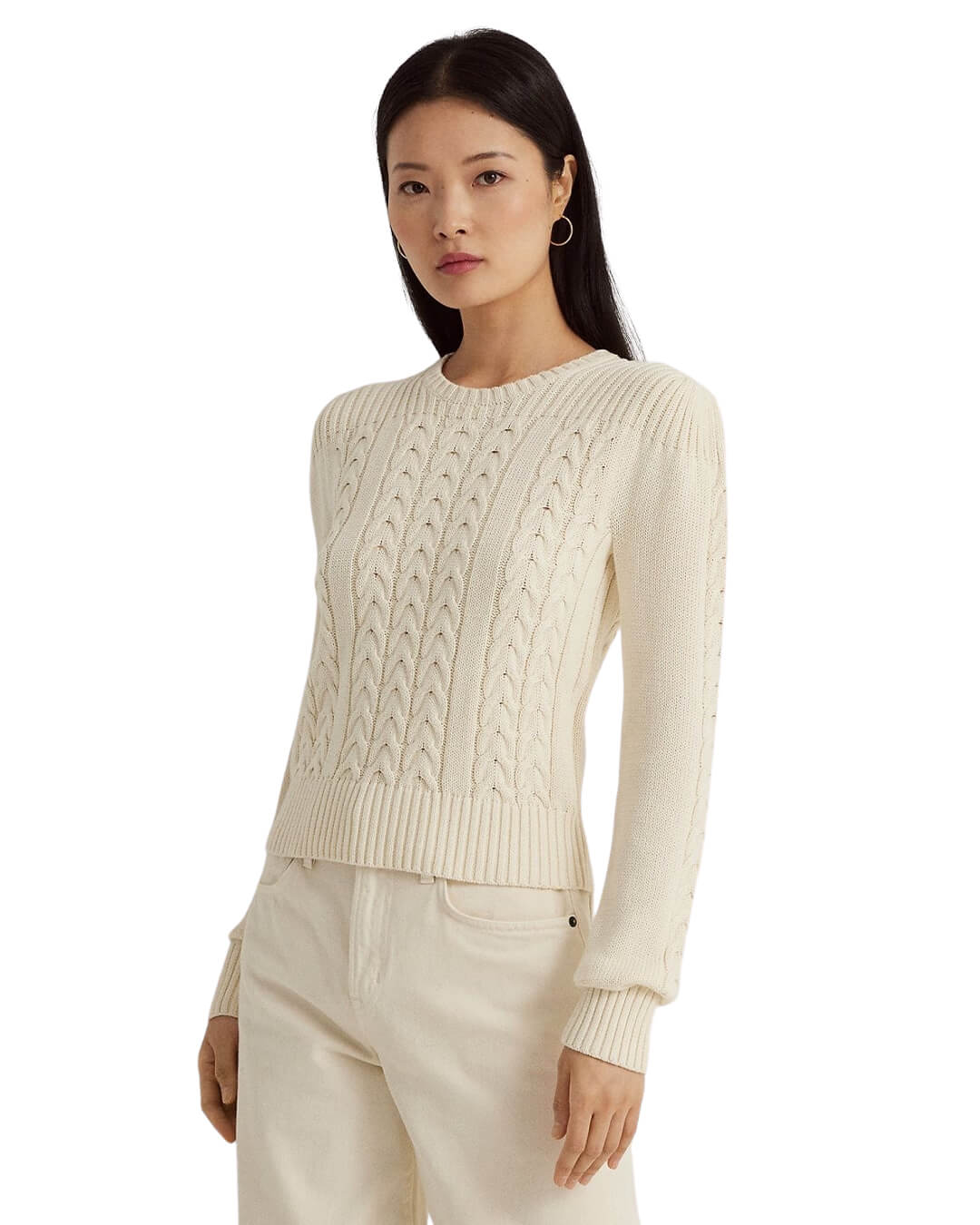 Lauren By Ralph Lauren Jumpers Lauren by Ralph Lauren Cream Cable-Knit Puff-Sleeve Sweater