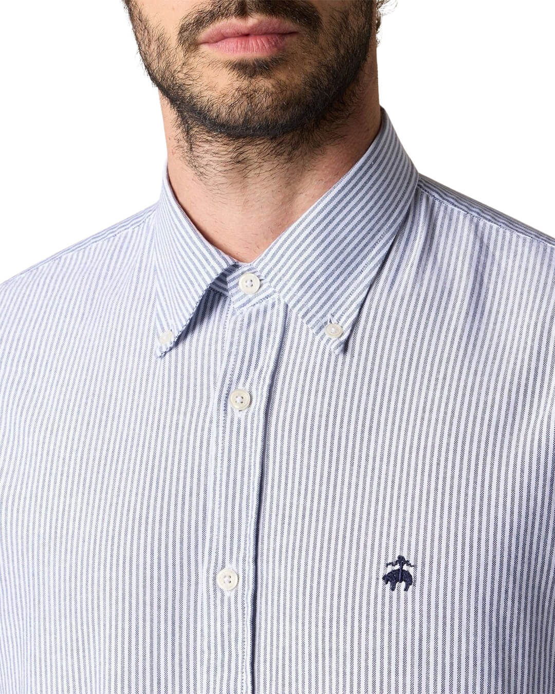 Brooks Brothers Navy Striped Oxford Logoed Shirt Cotton