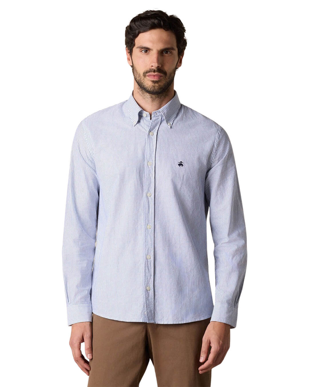 Brooks Brothers Navy Striped Oxford Logoed Shirt Cotton
