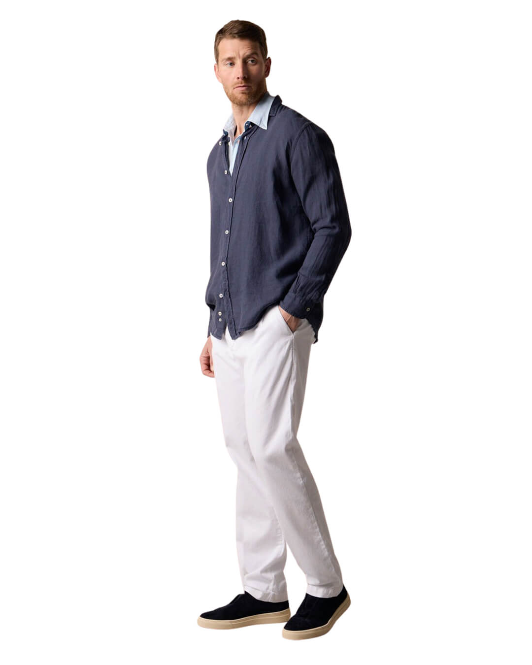 Brooks Brothers Navy Spread Collar Shirt Plain Linen