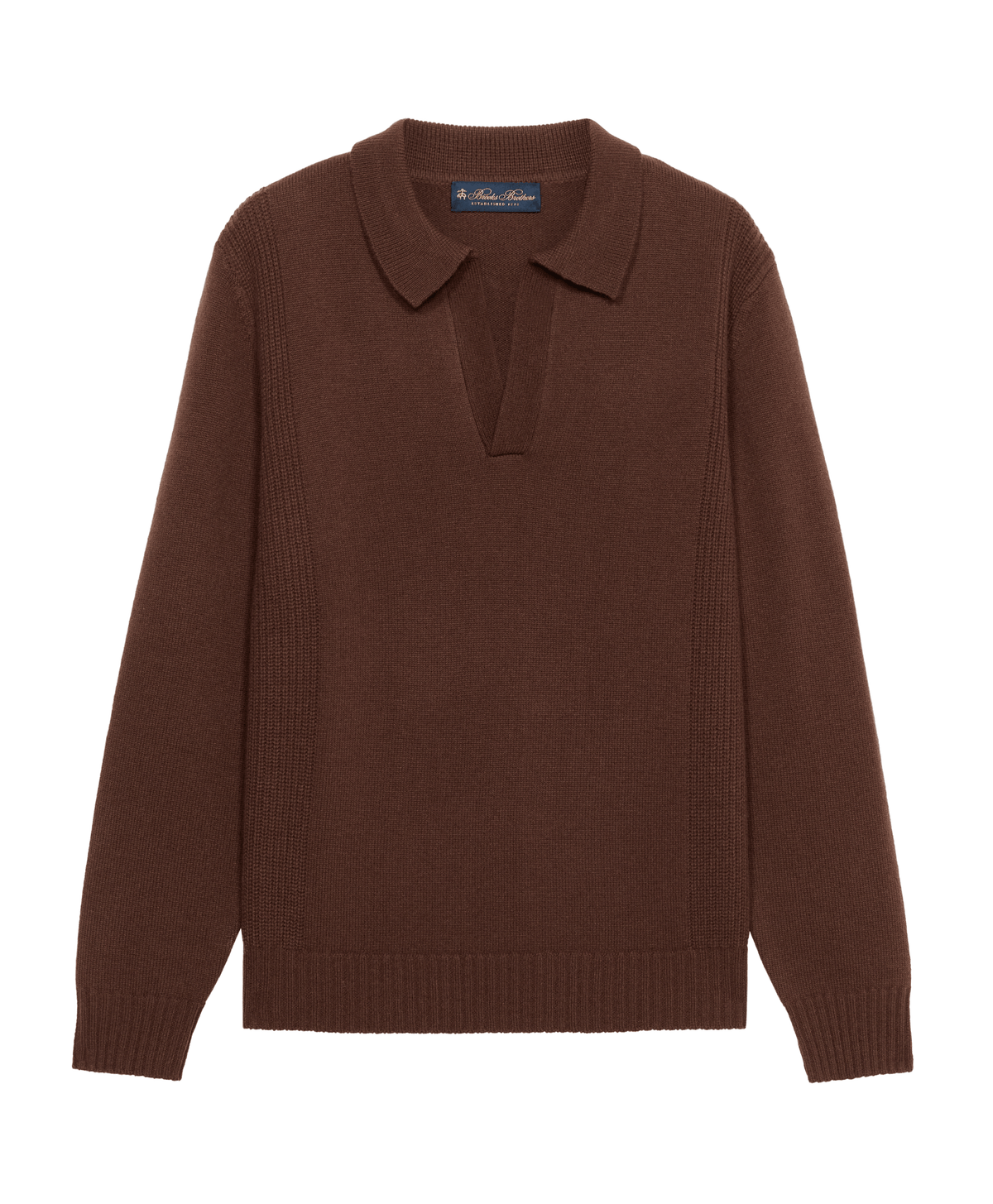 Brooks Brothers Cocoa Brown Open Collar Cob Stitch Wool Polo Jumper