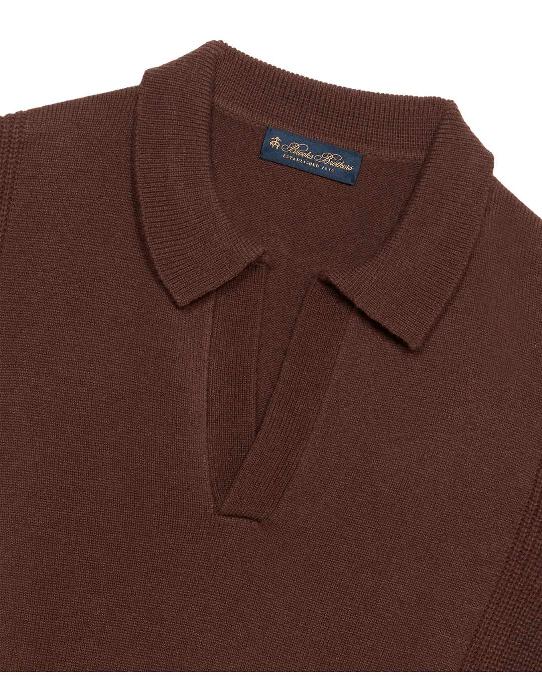 Brooks Brothers Cocoa Brown Open Collar Cob Stitch Wool Polo Jumper