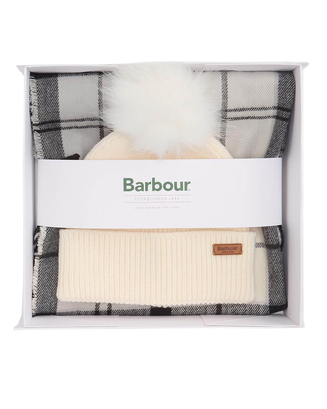 Barbour Gift Boxes ONE Barbour DOVER BEANIE & HAILES SCARF GY31 MONOCHROME TARTAN