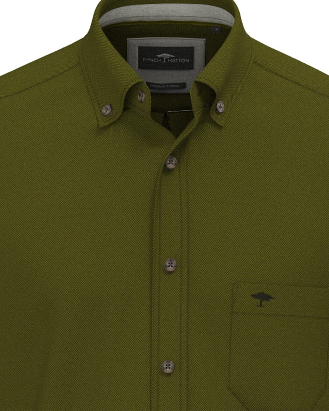 Fynch-Hatton Shirts Fynch-Hatton Dark Green Essential Herringbone Button-Down Long Sleeve Shirt