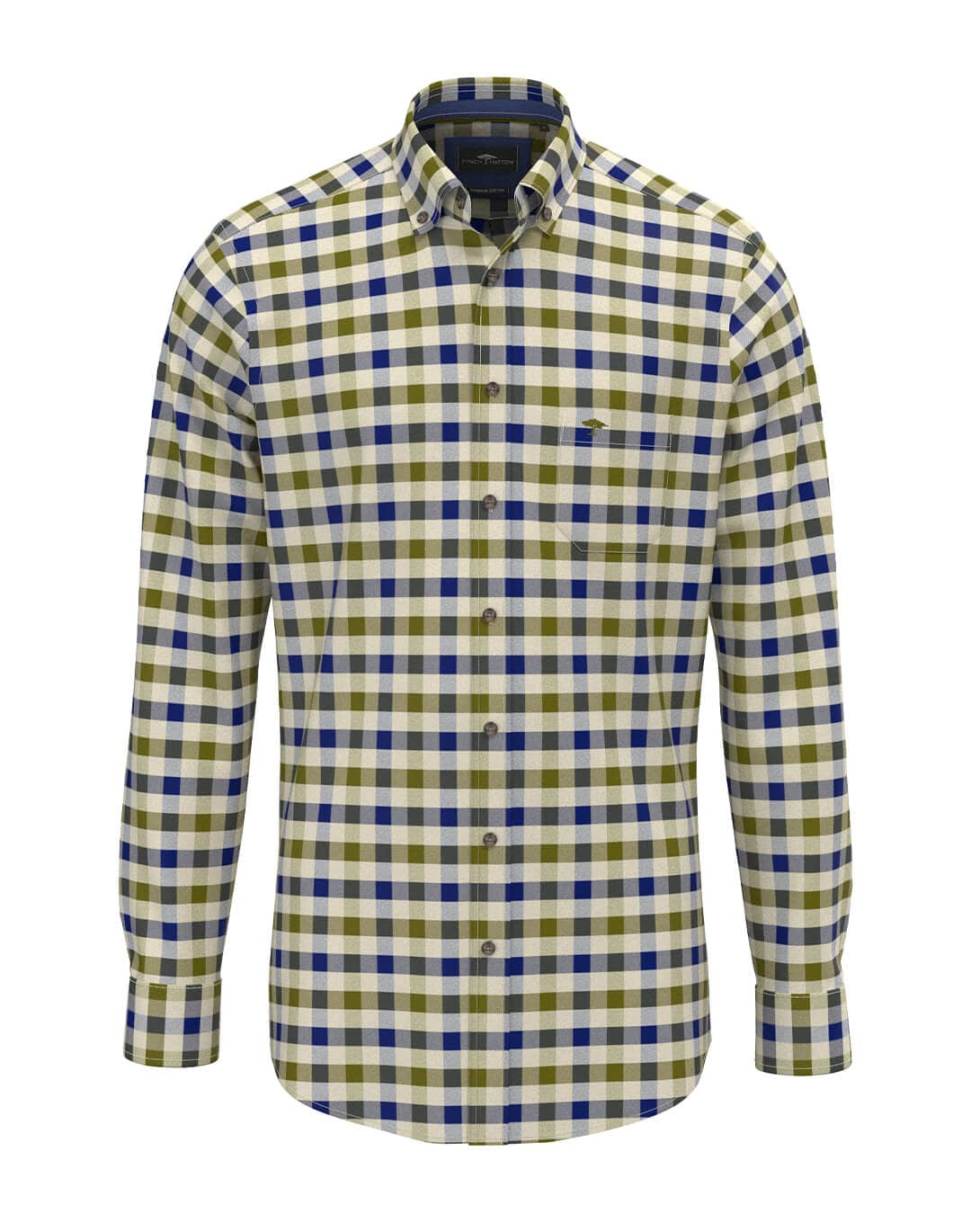 Fynch-Hatton Shirts Fynch-Hatton Moss Green Herringbone Check Button-Down Long Sleeve Shirt