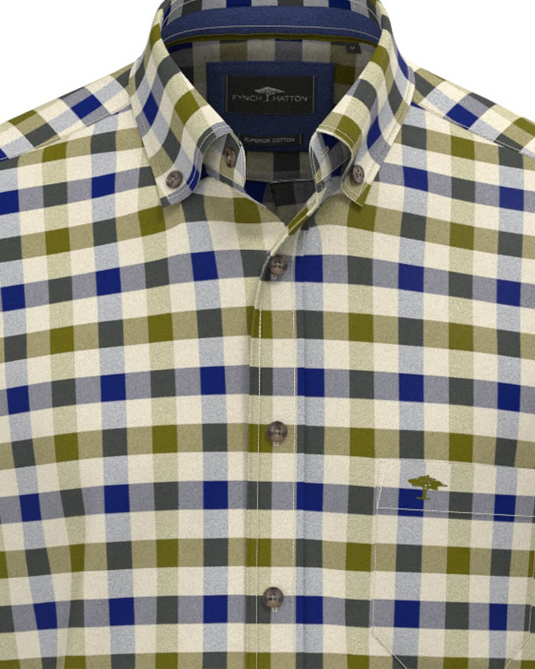 Fynch-Hatton Shirts Fynch-Hatton Moss Green Herringbone Check Button-Down Long Sleeve Shirt