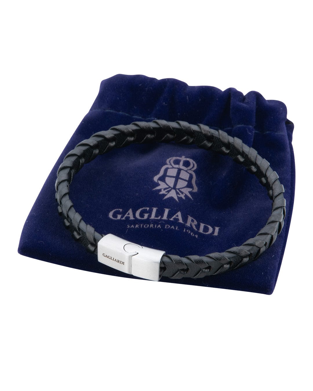 Gagliardi Bracelets Gagliardi Black Braided Leather Bracelet With Brushed Steel Clasp