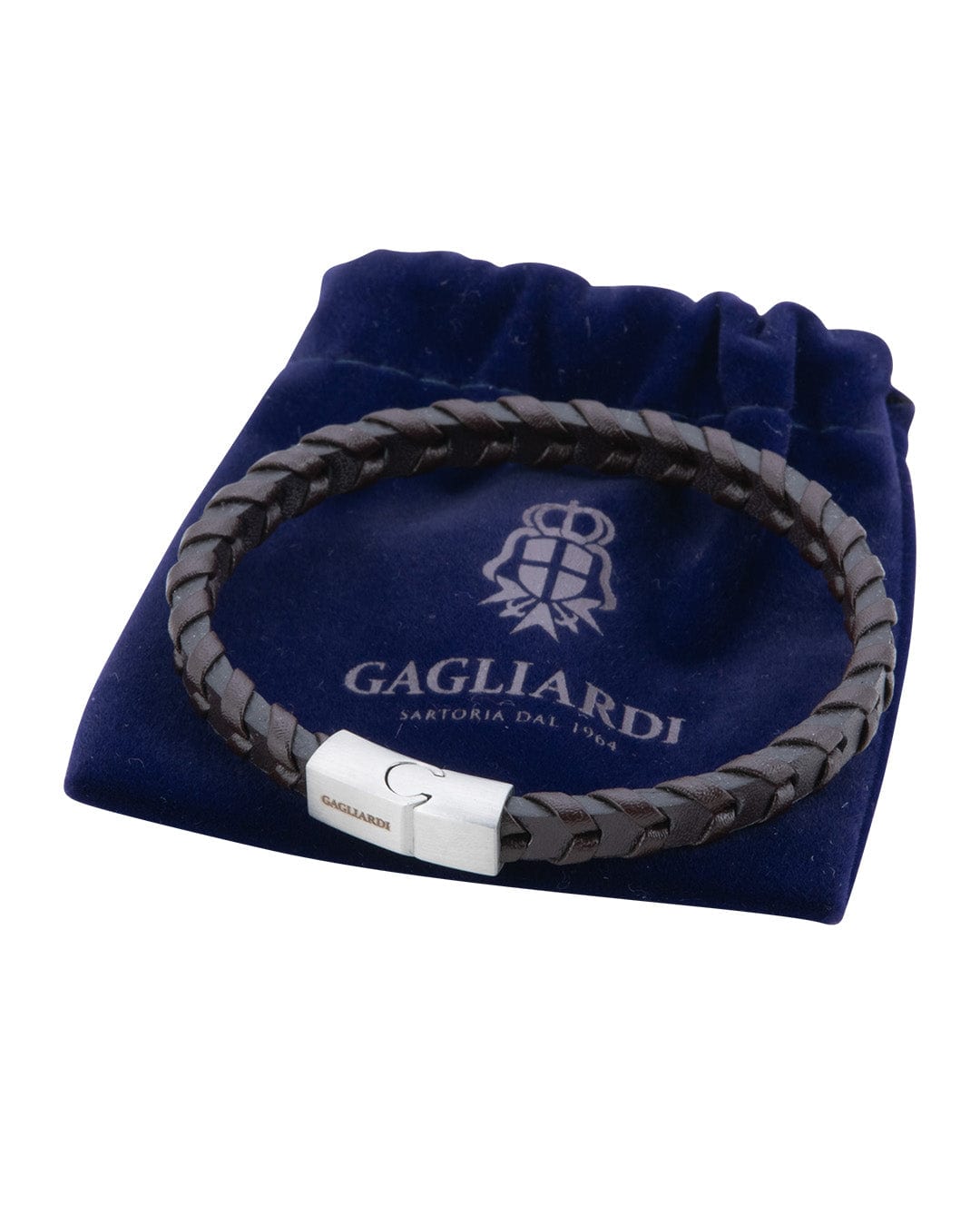 Gagliardi Bracelets Gagliardi Brown Braided Leather Bracelet With Brushed Steel Clasp