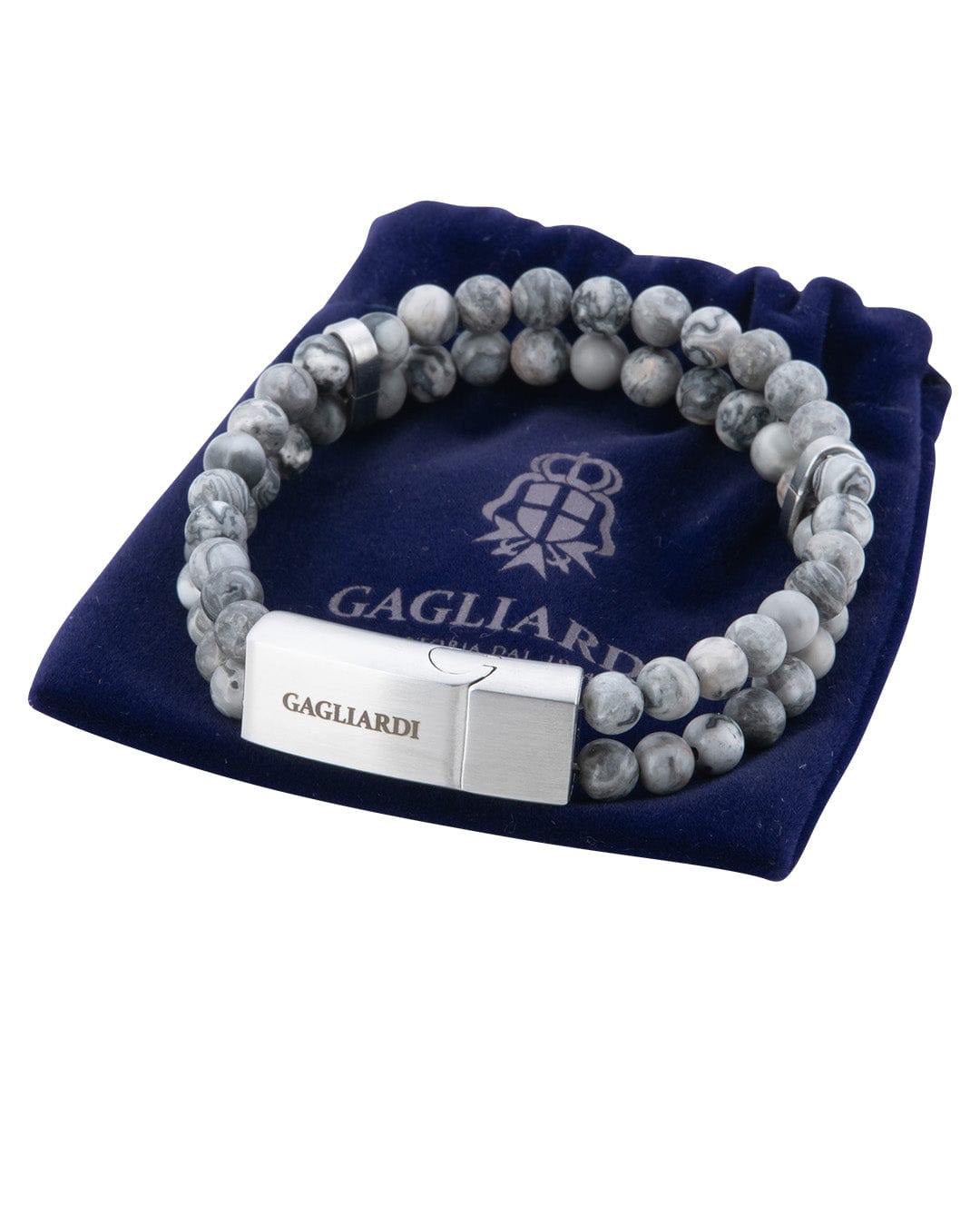 Gagliardi Bracelets Gagliardi Grey Jasper Stone Bead Bracelet With Brushed Steel Clasp