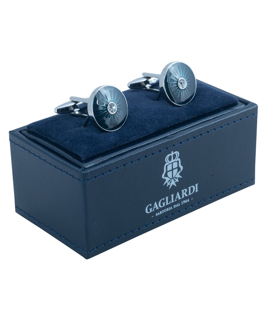 Gagliardi Cufflinks ONE Gagliardi Round Cufflinks With Navy Sunburst Enamel &amp; Crystal Centre