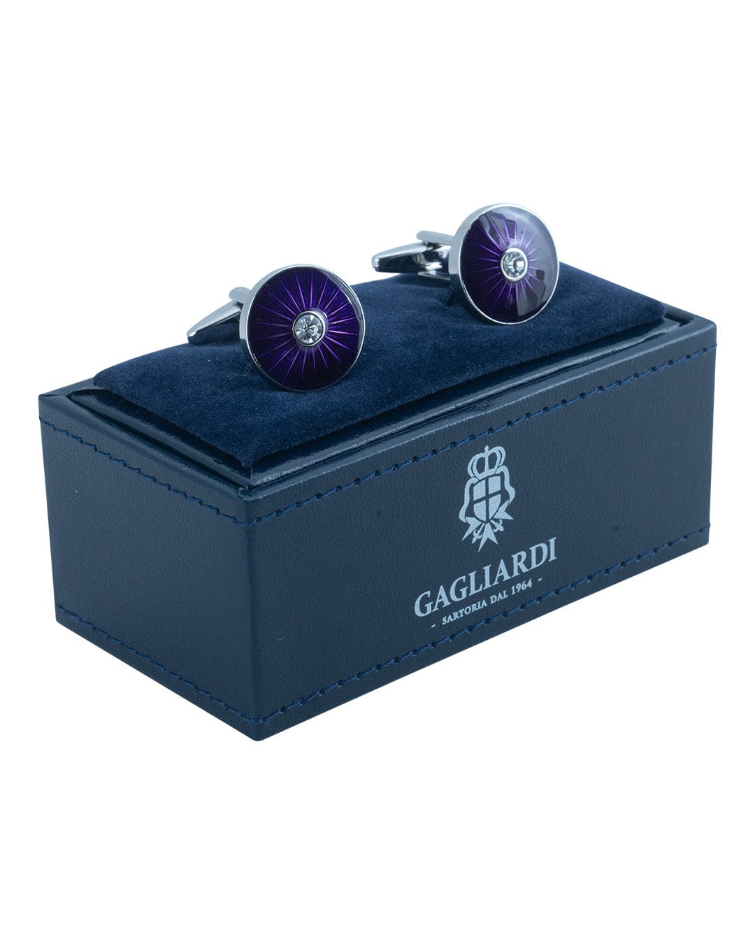 Gagliardi Cufflinks ONE Gagliardi Round Cufflinks With Purple Sunburst Enamel &amp; Crystal Centre