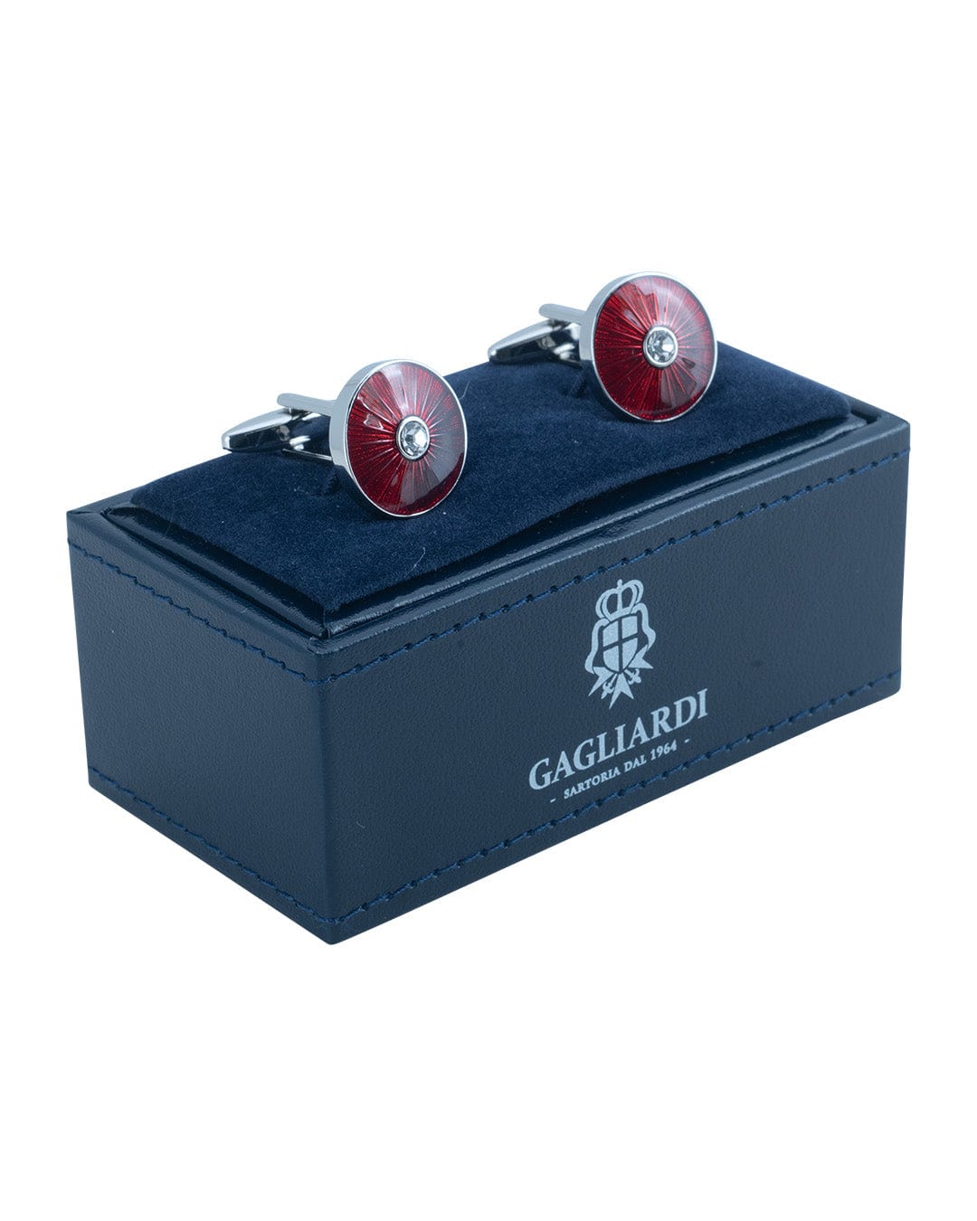 Gagliardi Cufflinks ONE Gagliardi Round Cufflinks With Red Sunburst Enamel &amp; Crystal Centre