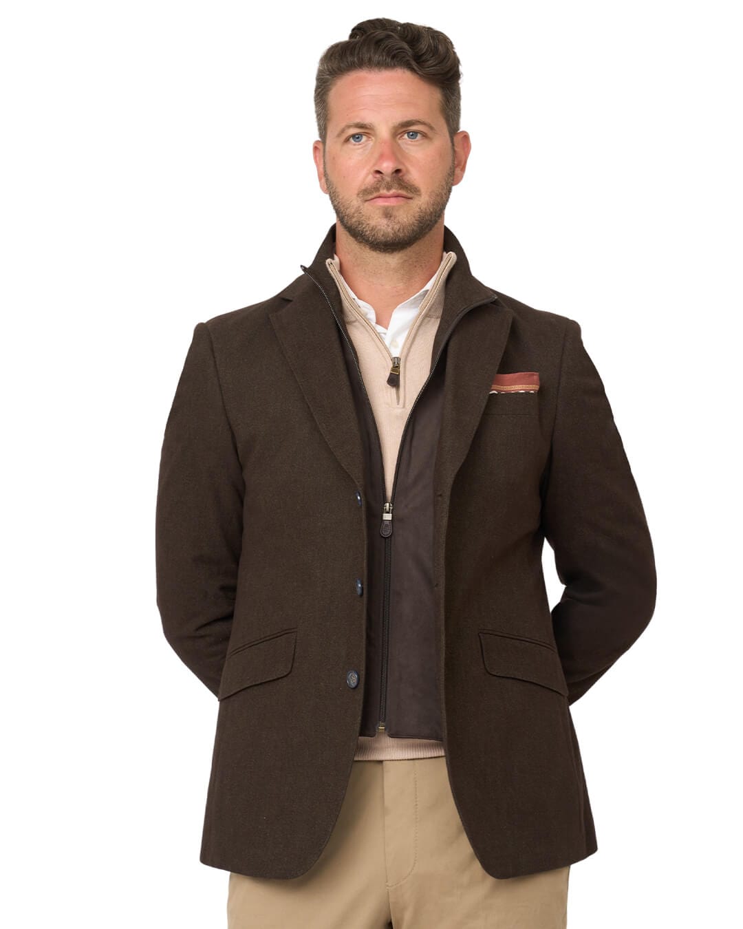 Gagliardi Jackets Gagliardi Brown Barleycorn Cotton Stretch Jacket With Detachable Zip Front Liner
