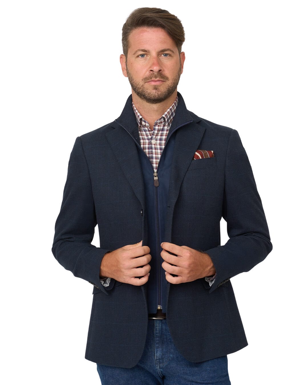 Gagliardi Jackets Gagliardi Navy Check Cotton Stretch Jacket With Detachable Zip Front Liner