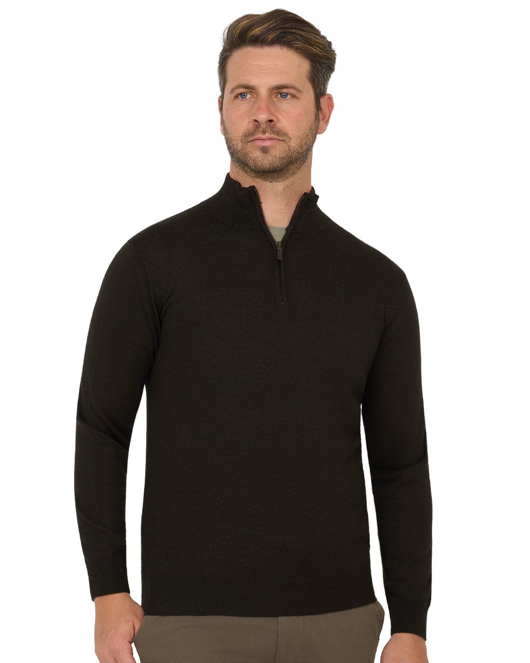 Gagliardi Jumpers Gagliardi Brown Jumper Zip Neck Merino Blend Textured Front