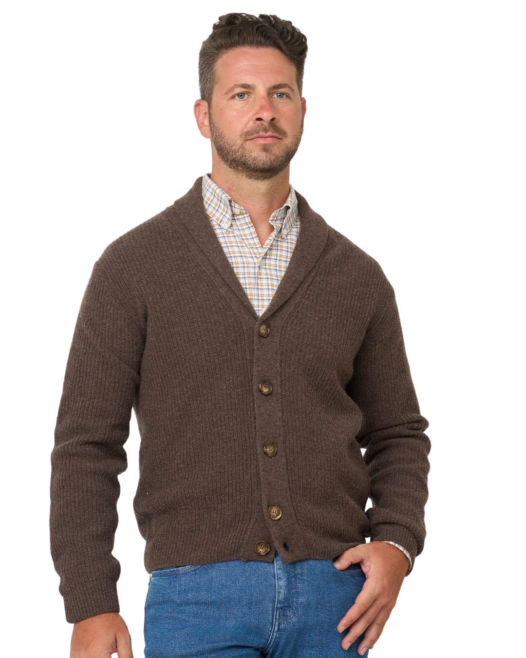 Gagliardi Jumpers Gagliardi Brown Lambswool Fisherman's Rib Cardigan