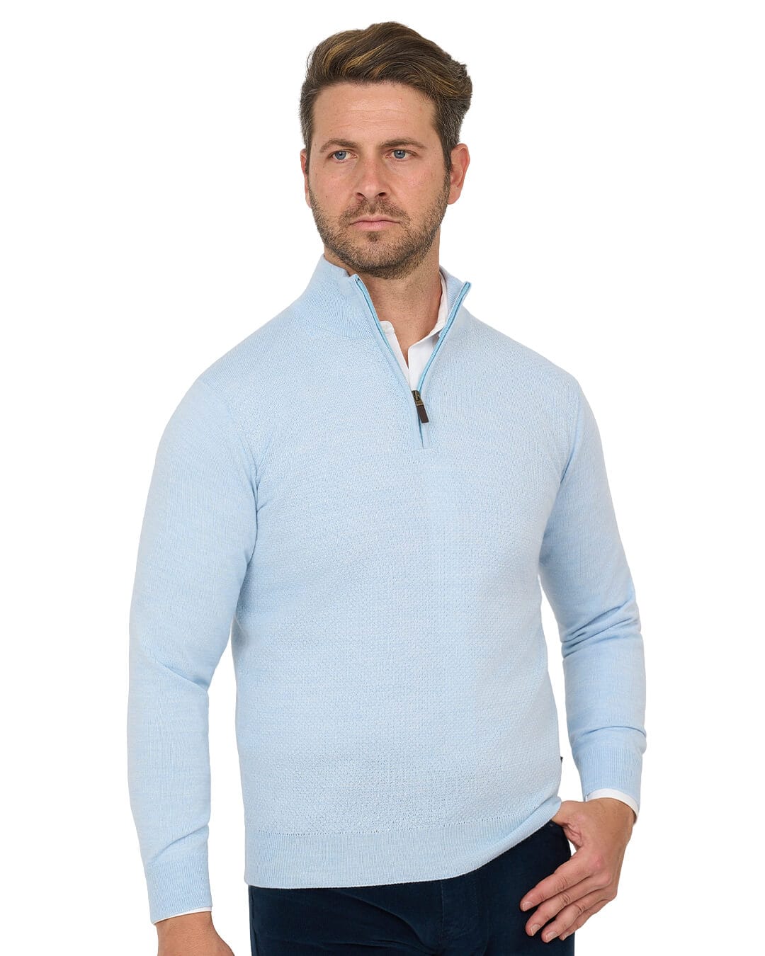Gagliardi Jumpers Gagliardi Sky Jumper Zip Neck Merino Blend Textured Front