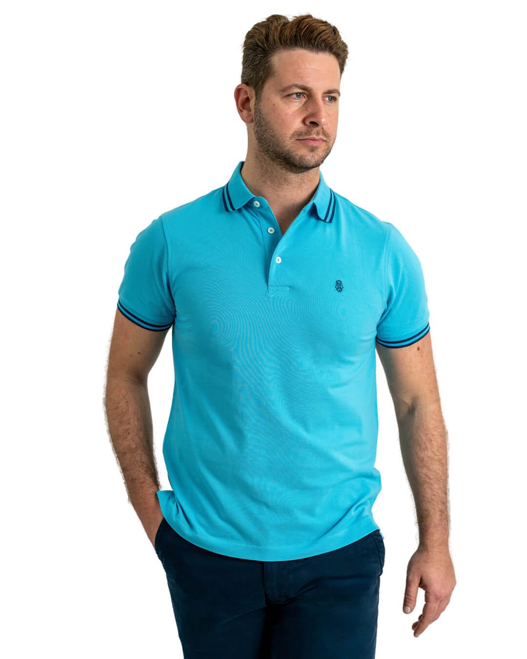 Gagliardi Polo Shirts Gagliardi Blue Pique Polo Shirt With Double Tipped Collar &amp; Cuff