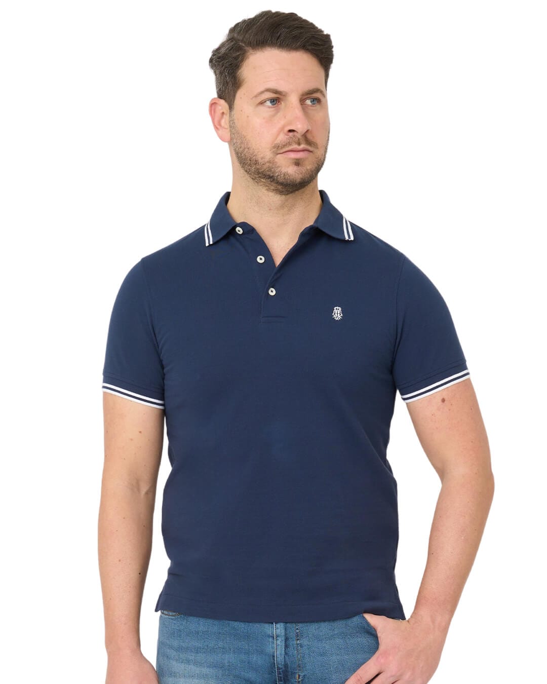 Gagliardi Polo Shirts Gagliardi Indigo Pique Polo Shirt With Double Tipped Collar & Cuff