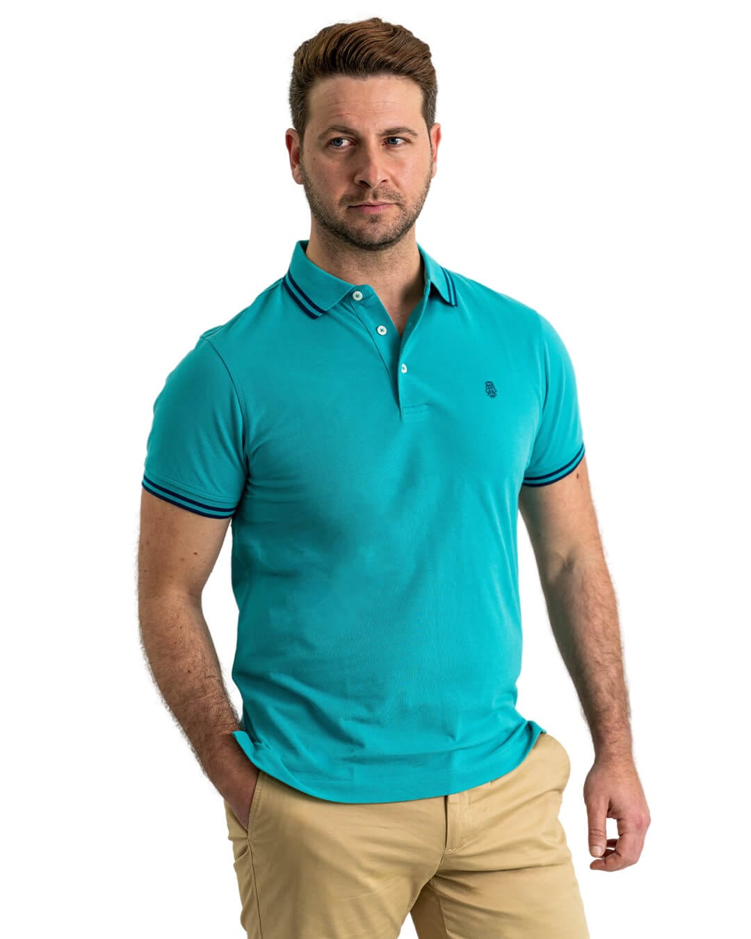 Gagliardi Polo Shirts Gagliardi Teal Pique Polo Shirt With Double Tipped Collar &amp; Cuff