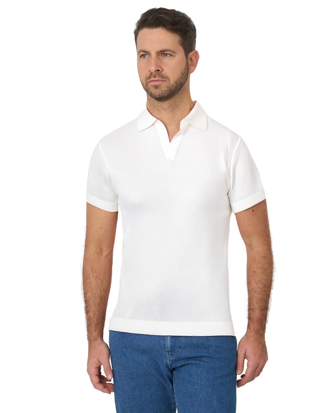 Gagliardi Polo Shirts Gagliardi White Polo Shirt Knitted Resort Collar Moss Stitch