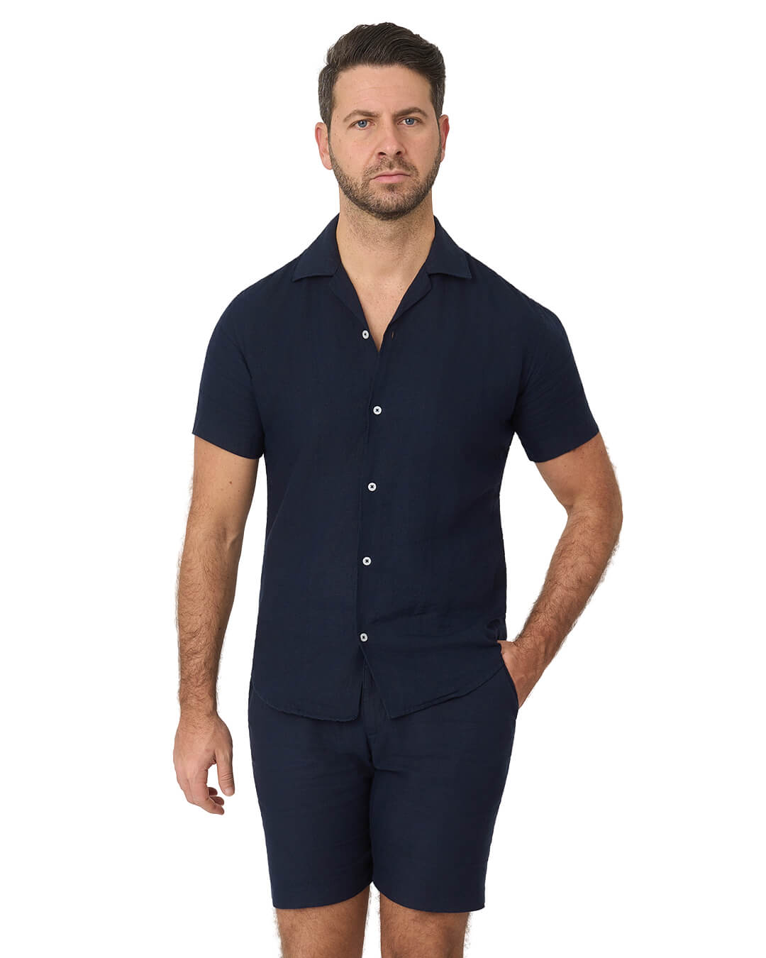 Gagliardi Shirts Gagliardi Navy Shirt Linen Resort Collar Short Sleeve