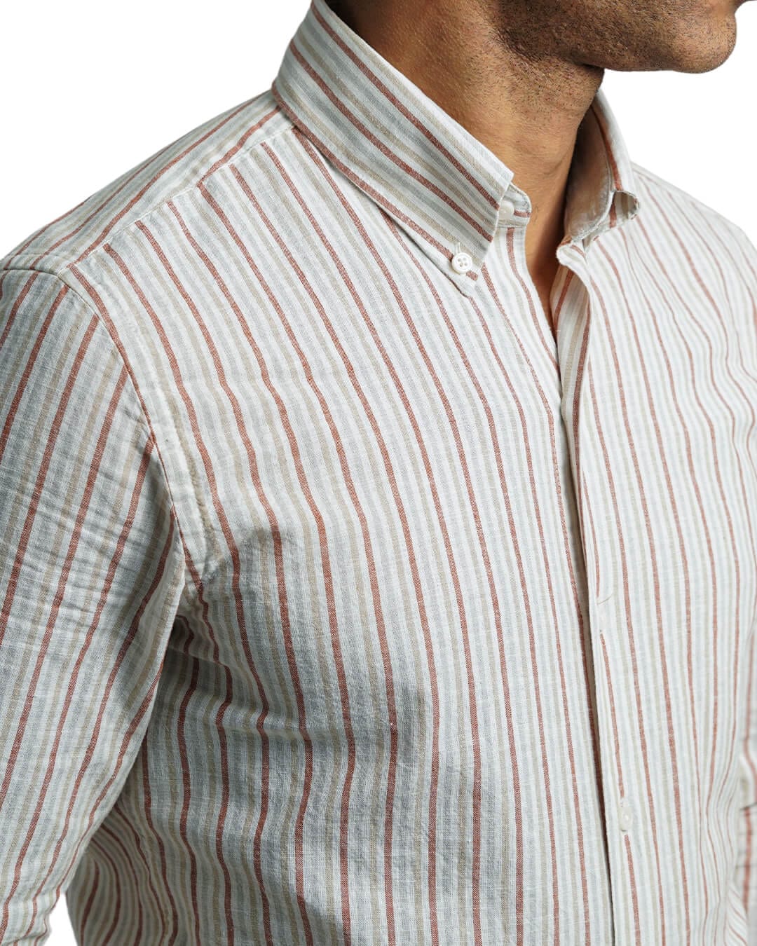 Gagliardi Shirts Gagliardi Rust Slim Fit Cotton Linen Stripe Button-Down Shirt