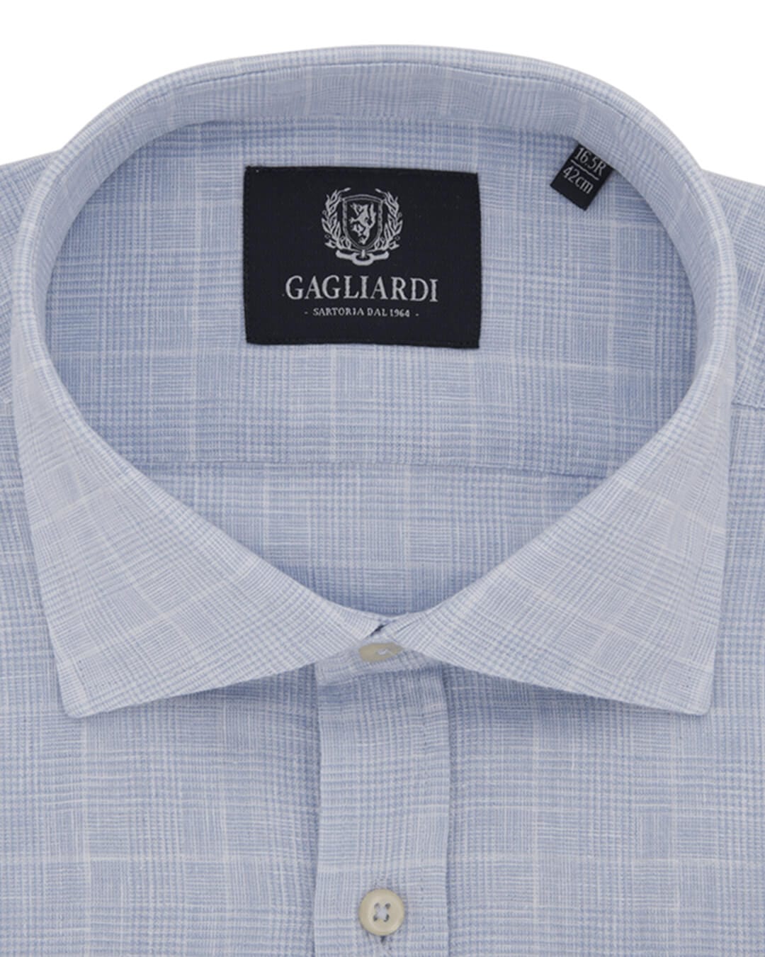 Gagliardi Shirts Gagliardi Sky Checked Slim Fit Long Sleeve Cutaway Collar Linen Shirt