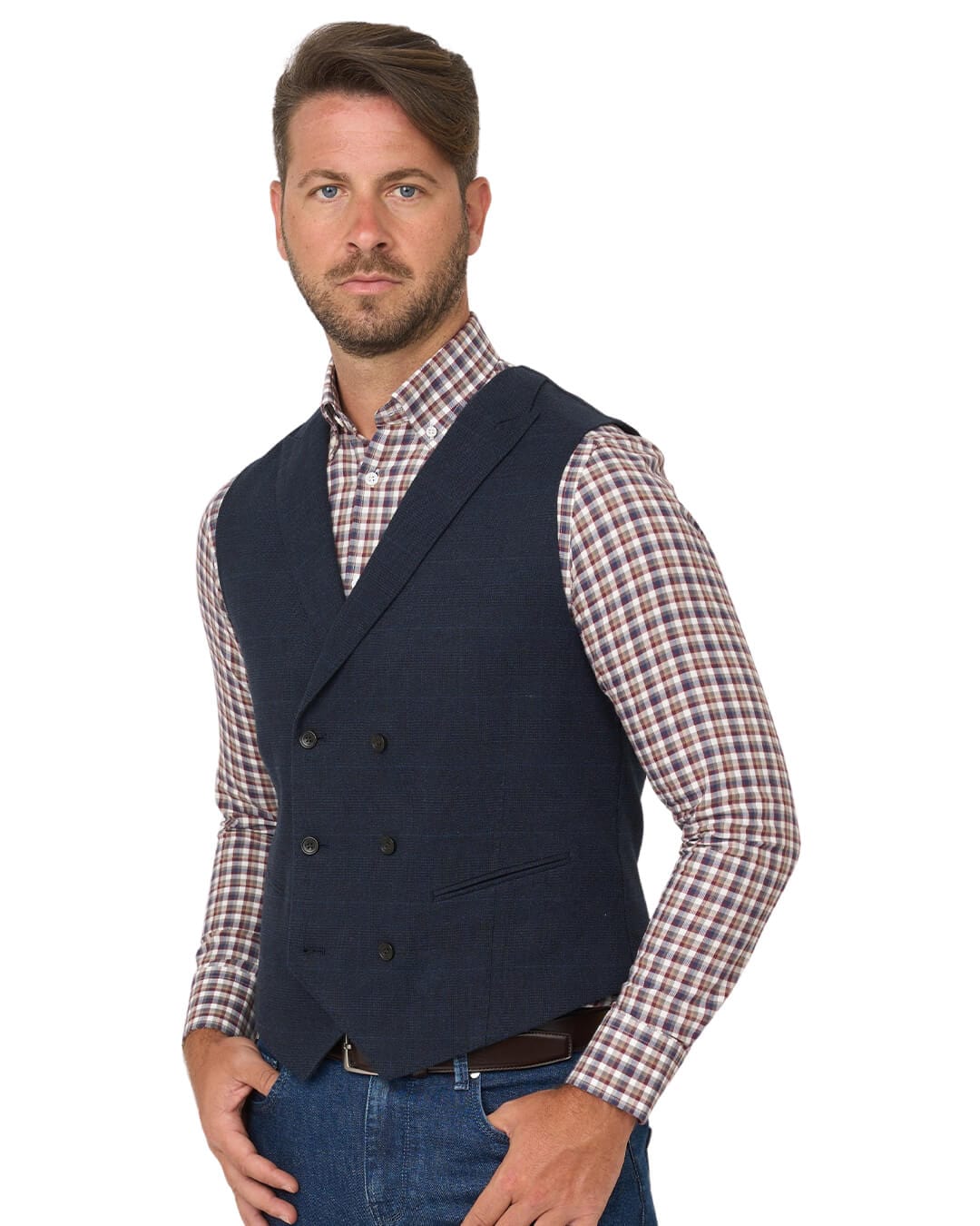 Gagliardi Waistcoats Gagliardi Navy Check Cotton Stretch Double Breasted Waistcoat