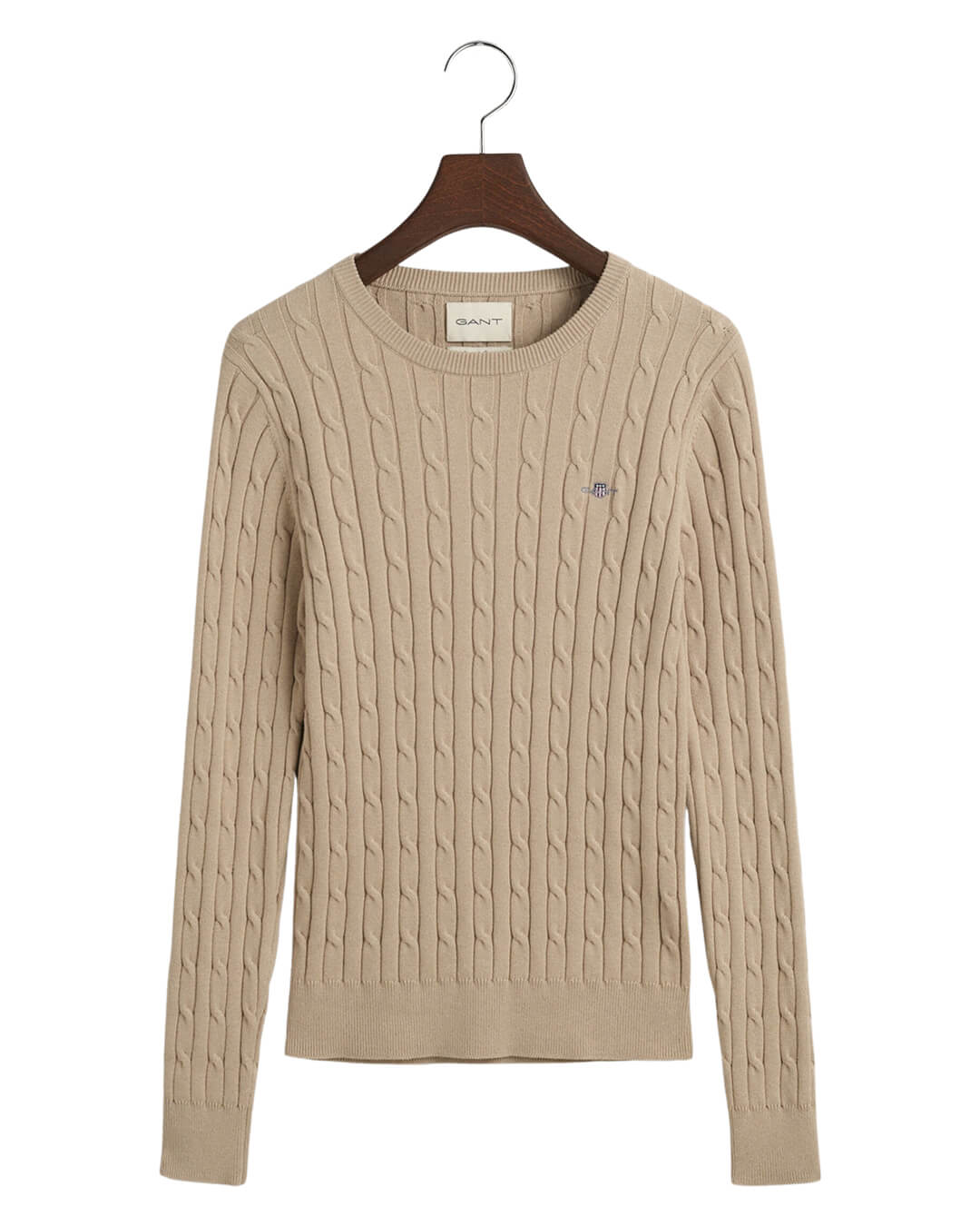 Gant Jumpers Gant Beige Stretch Cotton Cable Knit Crew Neck Sweater