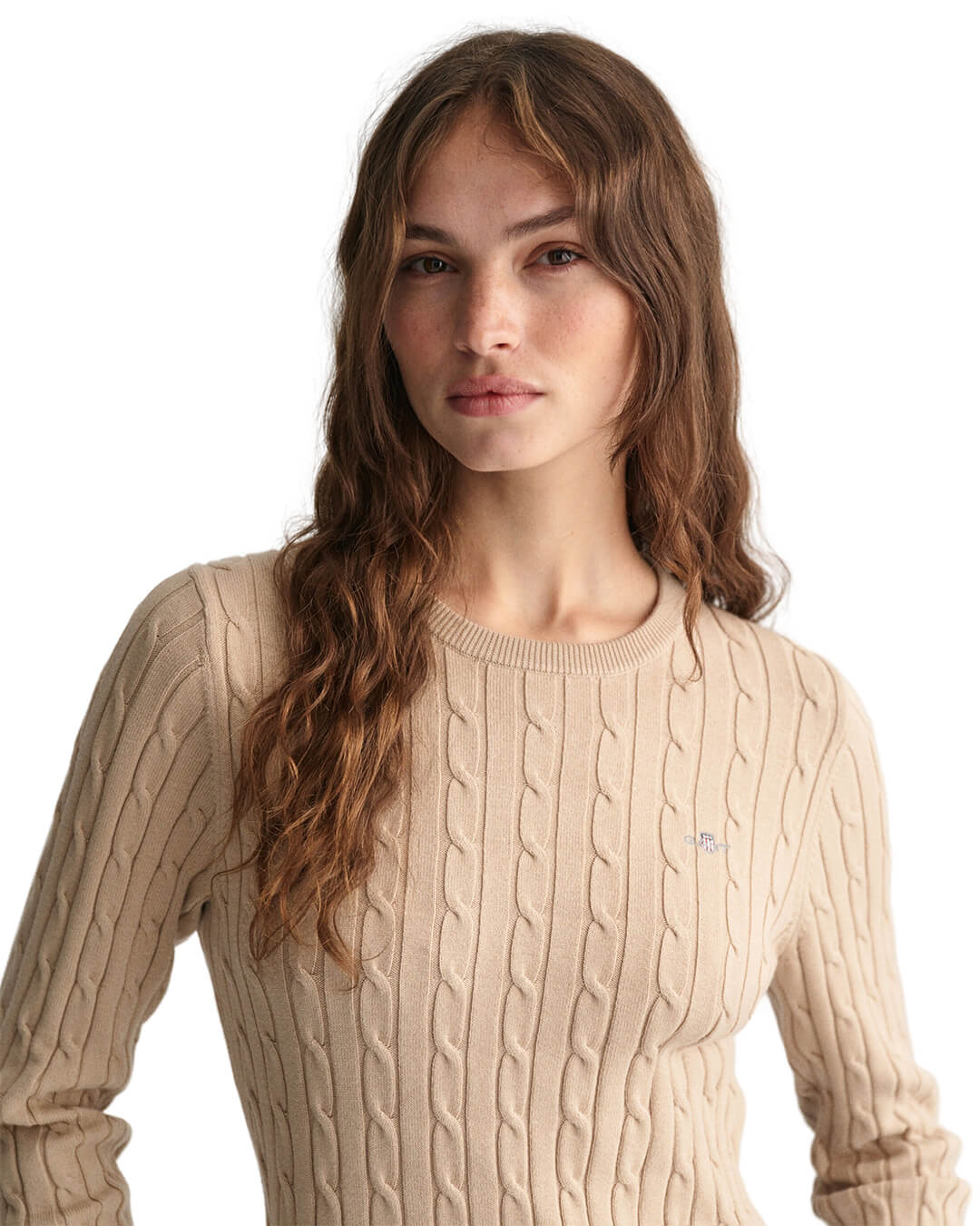 Gant Jumpers Gant Beige Stretch Cotton Cable Knit Crew Neck Sweater