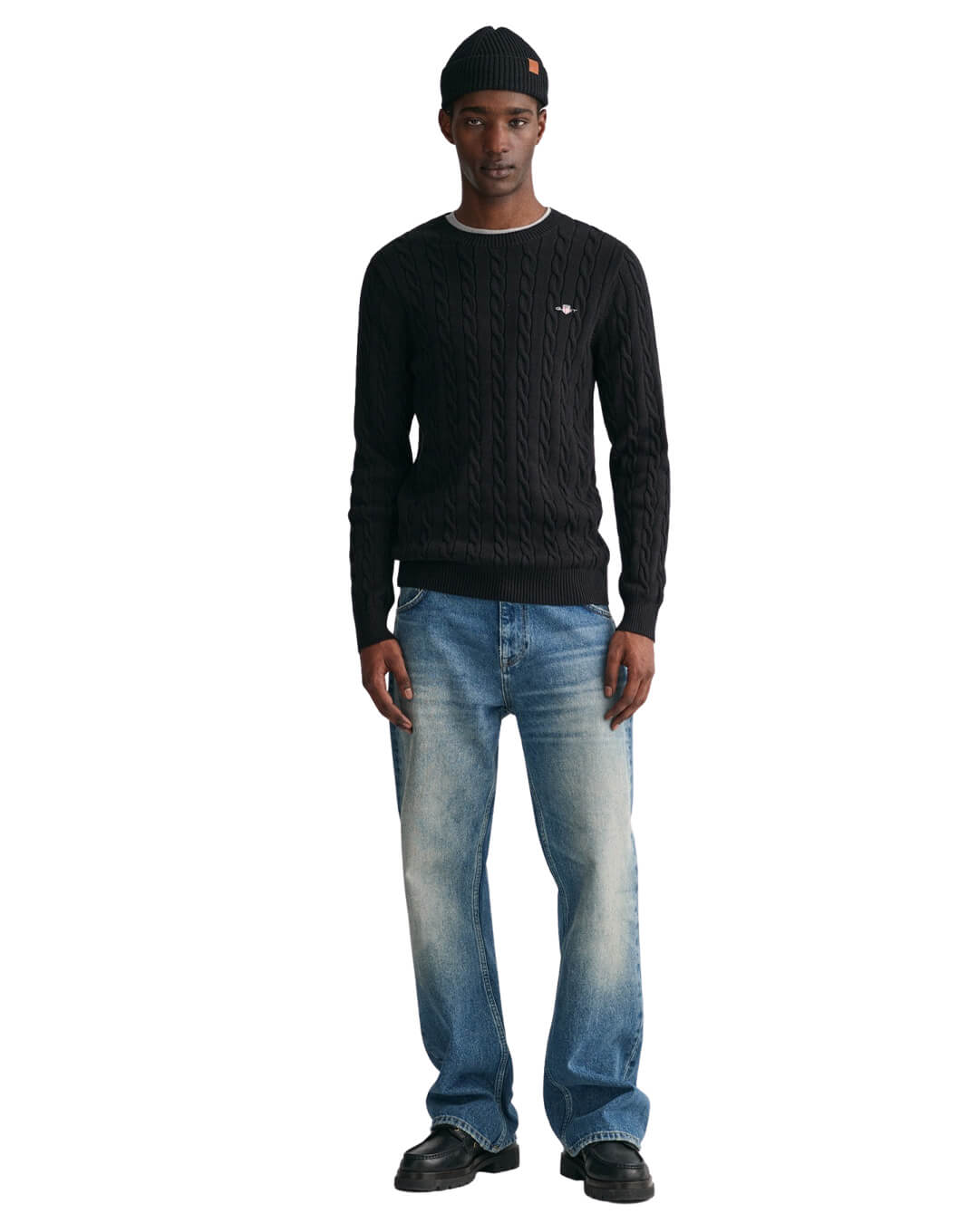 Gant Jumpers Gant Black Cotton Cable Knit Crew Neck Sweater