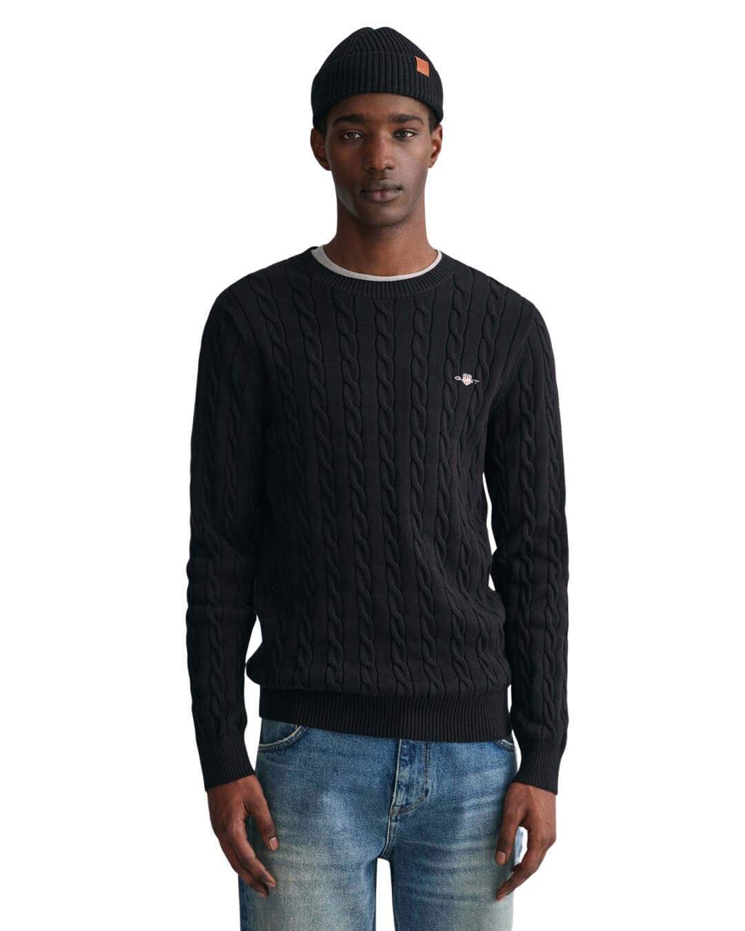 Gant Jumpers Gant Black Cotton Cable Knit Crew Neck Sweater