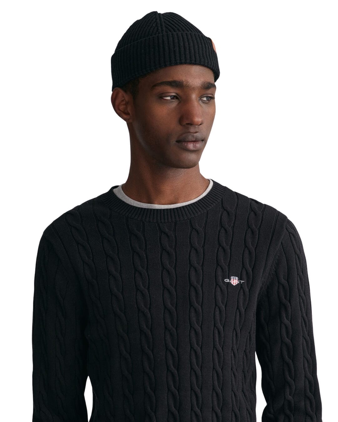 Gant Jumpers Gant Black Cotton Cable Knit Crew Neck Sweater