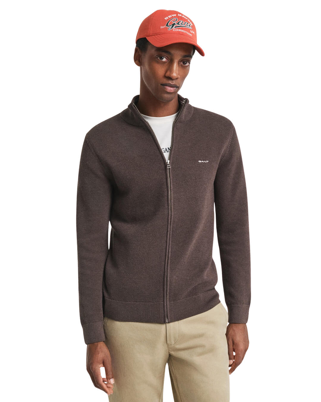 Gant Jumpers Gant COTTON PIQUE ZIP CARDIGAN G281 BROWN MELANGE