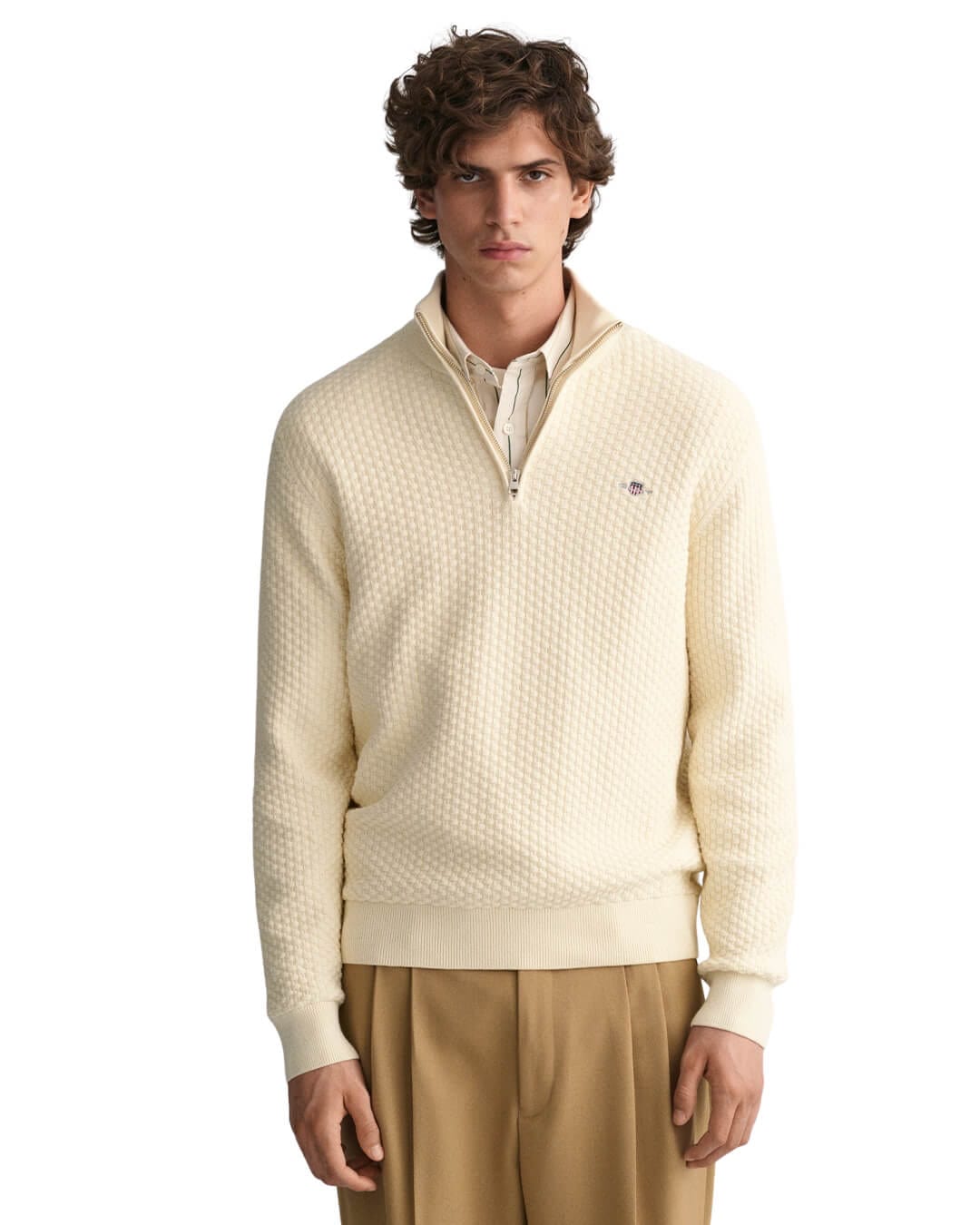 Gant Jumpers Gant Cream Textured Cotton Half-Zip Sweater