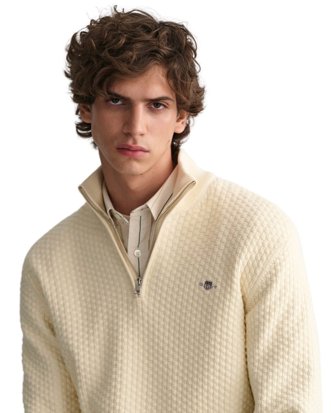 Gant Jumpers Gant Cream Textured Cotton Half-Zip Sweater