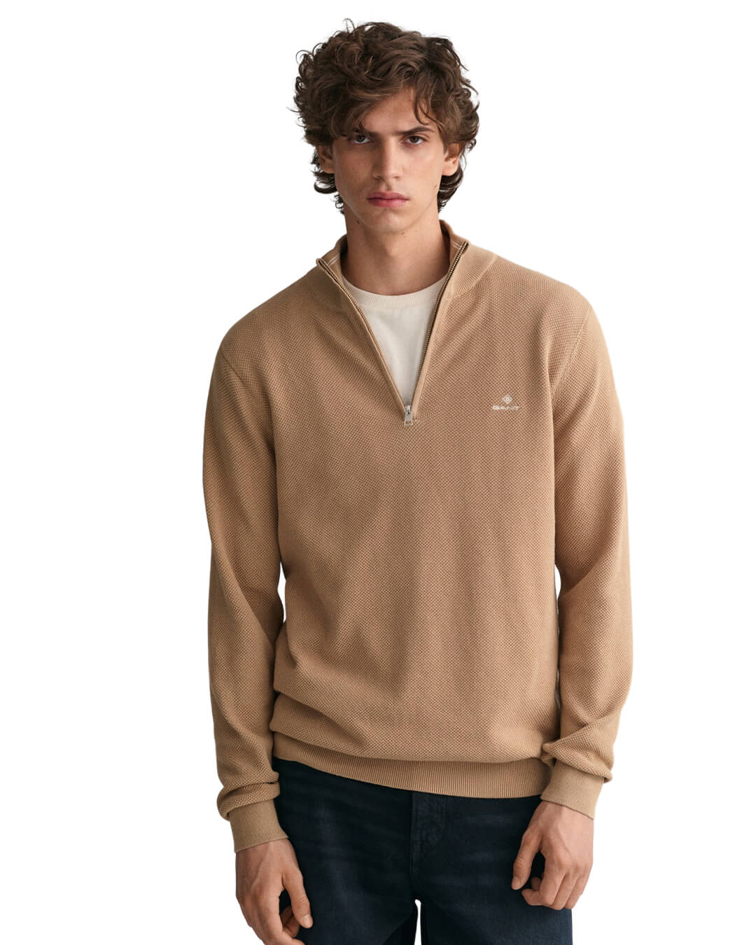 Gant Jumpers Gant Dark Khaki Cotton Piqué Half-Zip Sweater