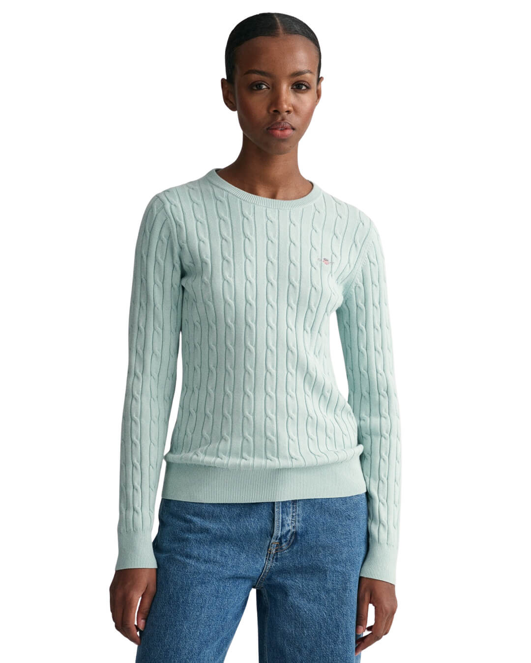 Gant Jumpers Gant Dusty Turquoise Stretch Cotton Cable Knit Crew Neck Sweater