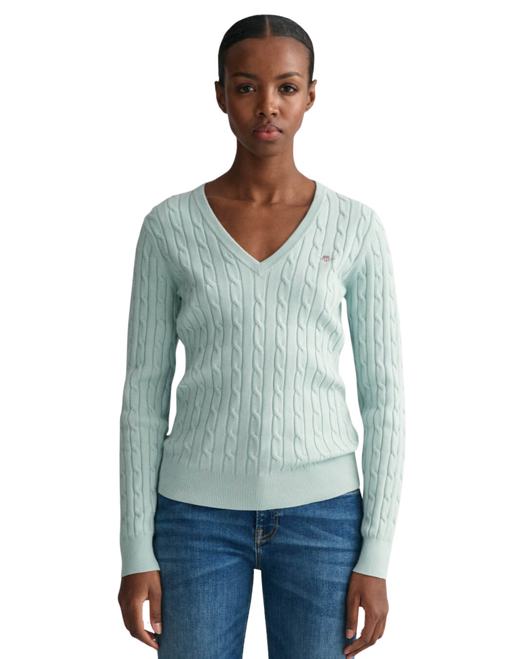 Gant Jumpers Gant Dusty Turquoise Stretch Cotton Cable Knit V-Neck Sweater