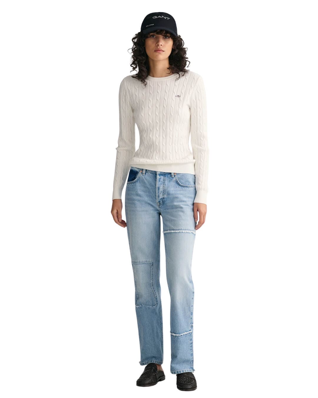 Gant Jumpers Gant Eggshell Stretch Cotton Cable Knit Crew Neck Sweater