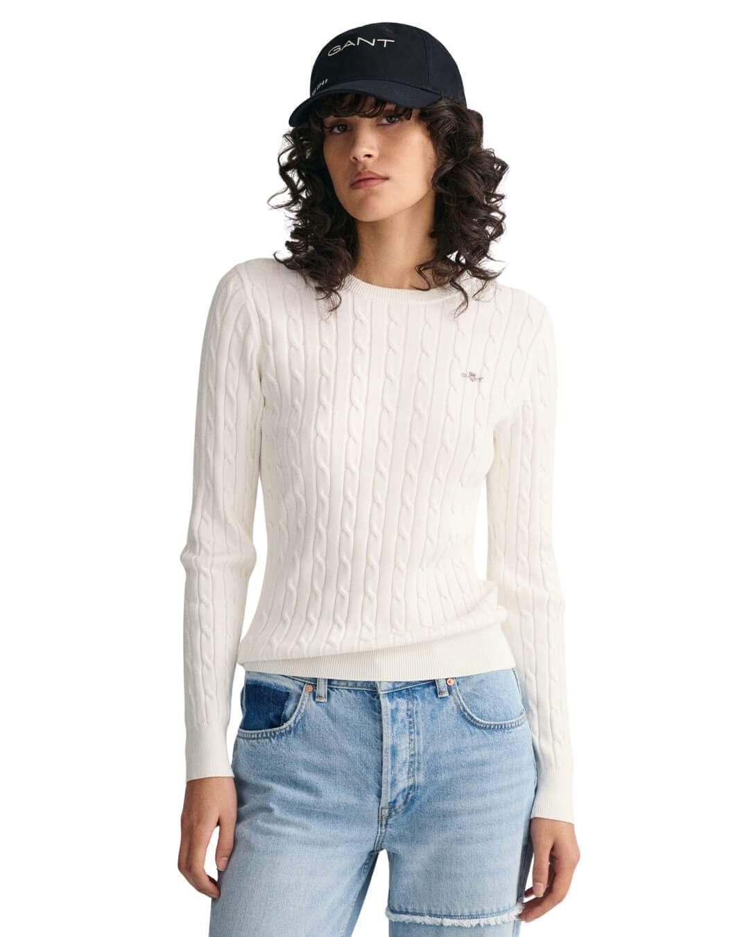 Gant Jumpers Gant Eggshell Stretch Cotton Cable Knit Crew Neck Sweater