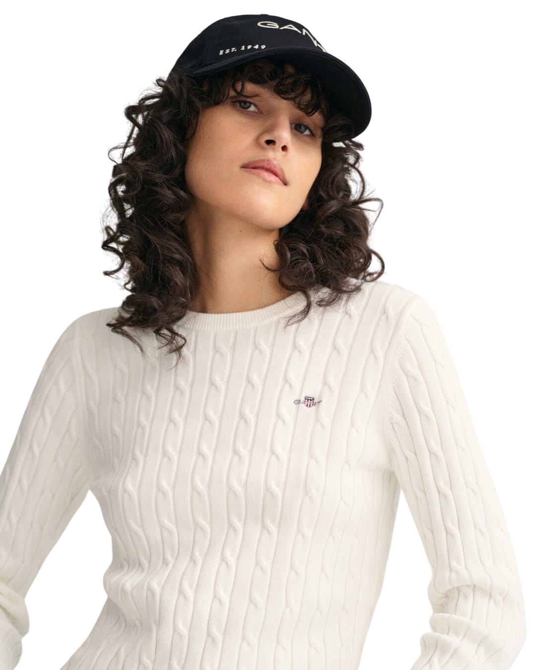 Gant Jumpers Gant Eggshell Stretch Cotton Cable Knit Crew Neck Sweater