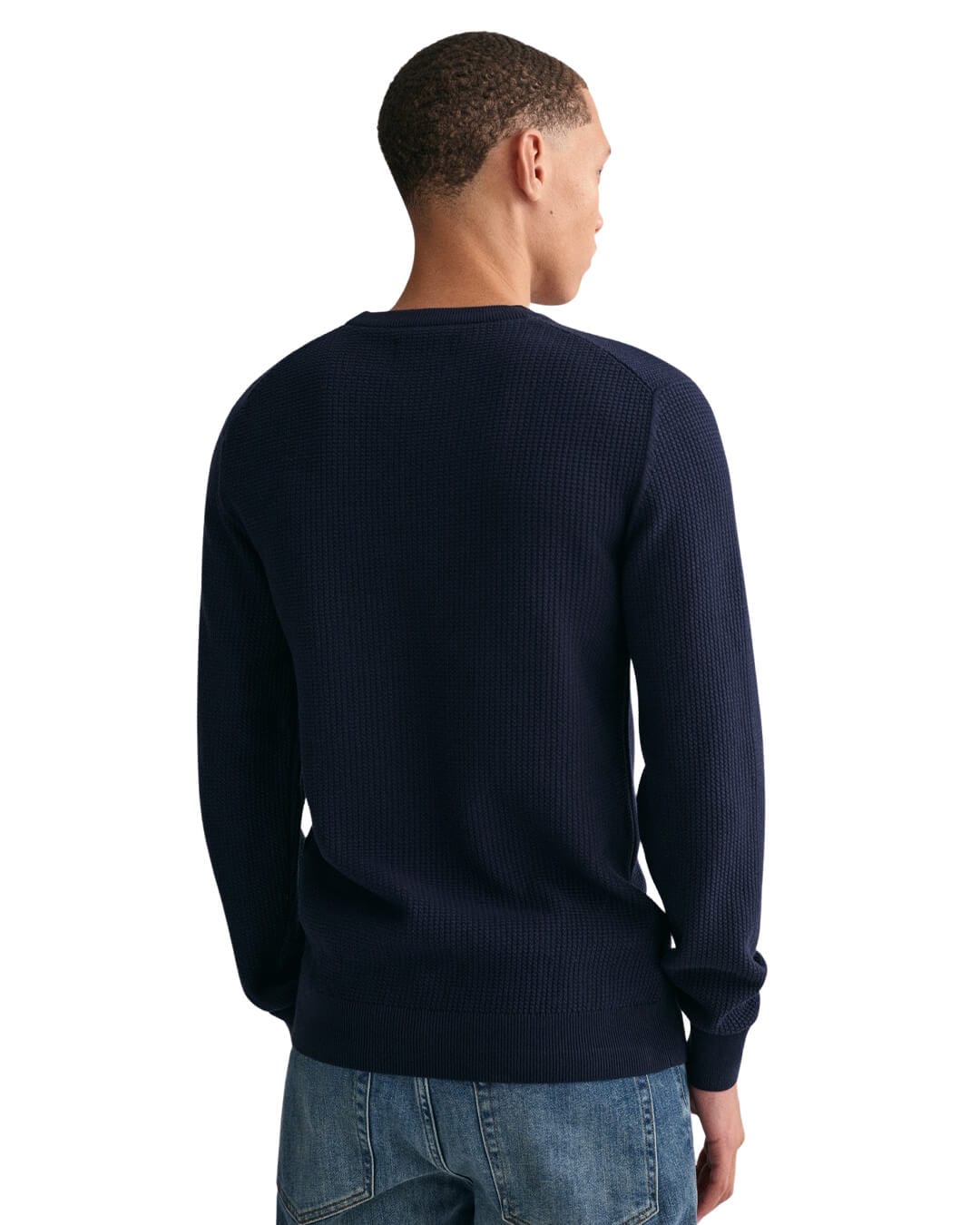 Gant Jumpers Gant Evening Blue Micro Cotton Textured Crew Neck Sweater