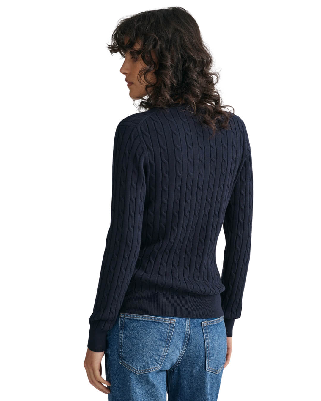 Gant Jumpers Gant Evening Blue Stretch Cotton Cable Knit V-Neck Sweater
