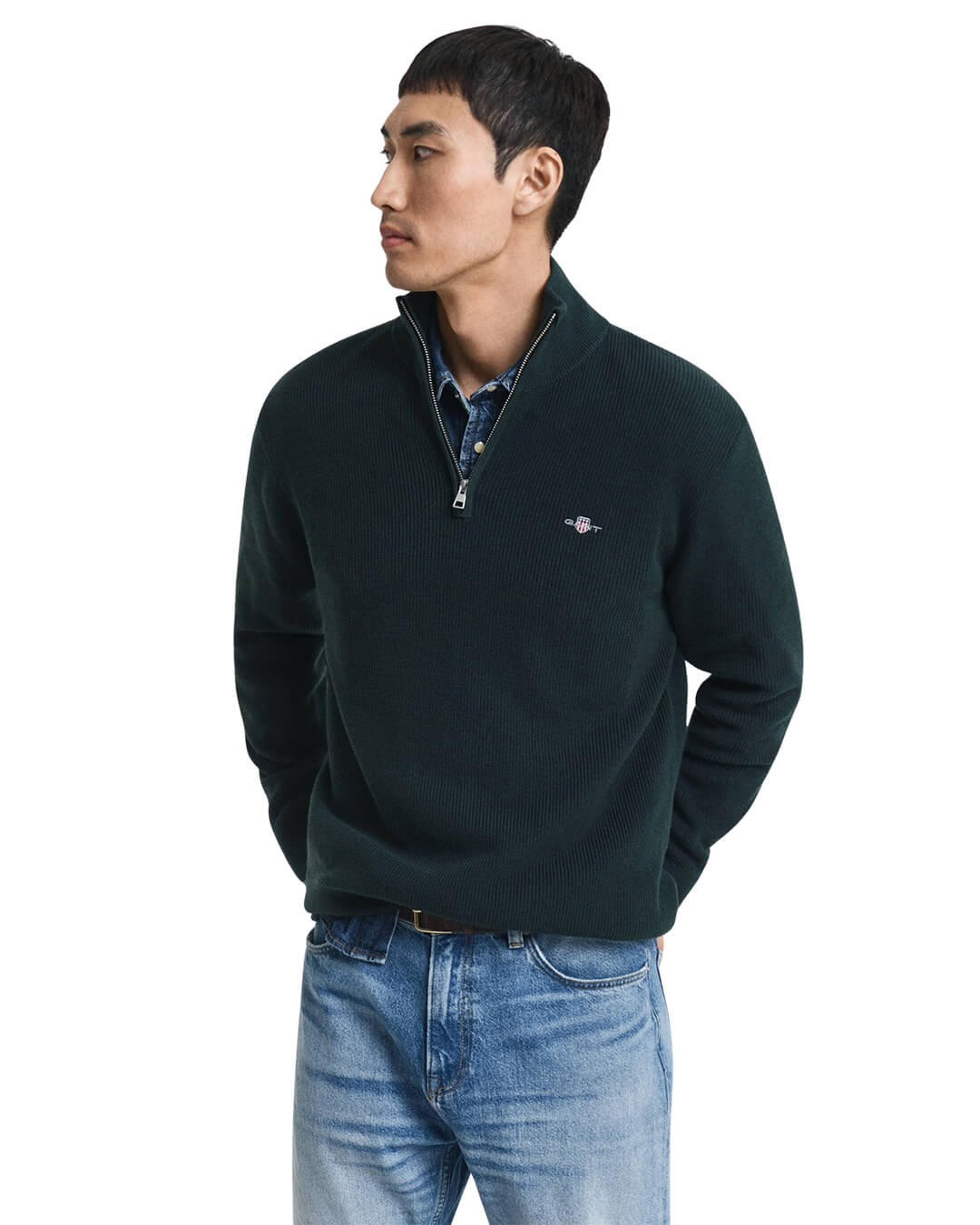 Gant Jumpers Gant Green Cotton Merino Half Zip G374 Tartan