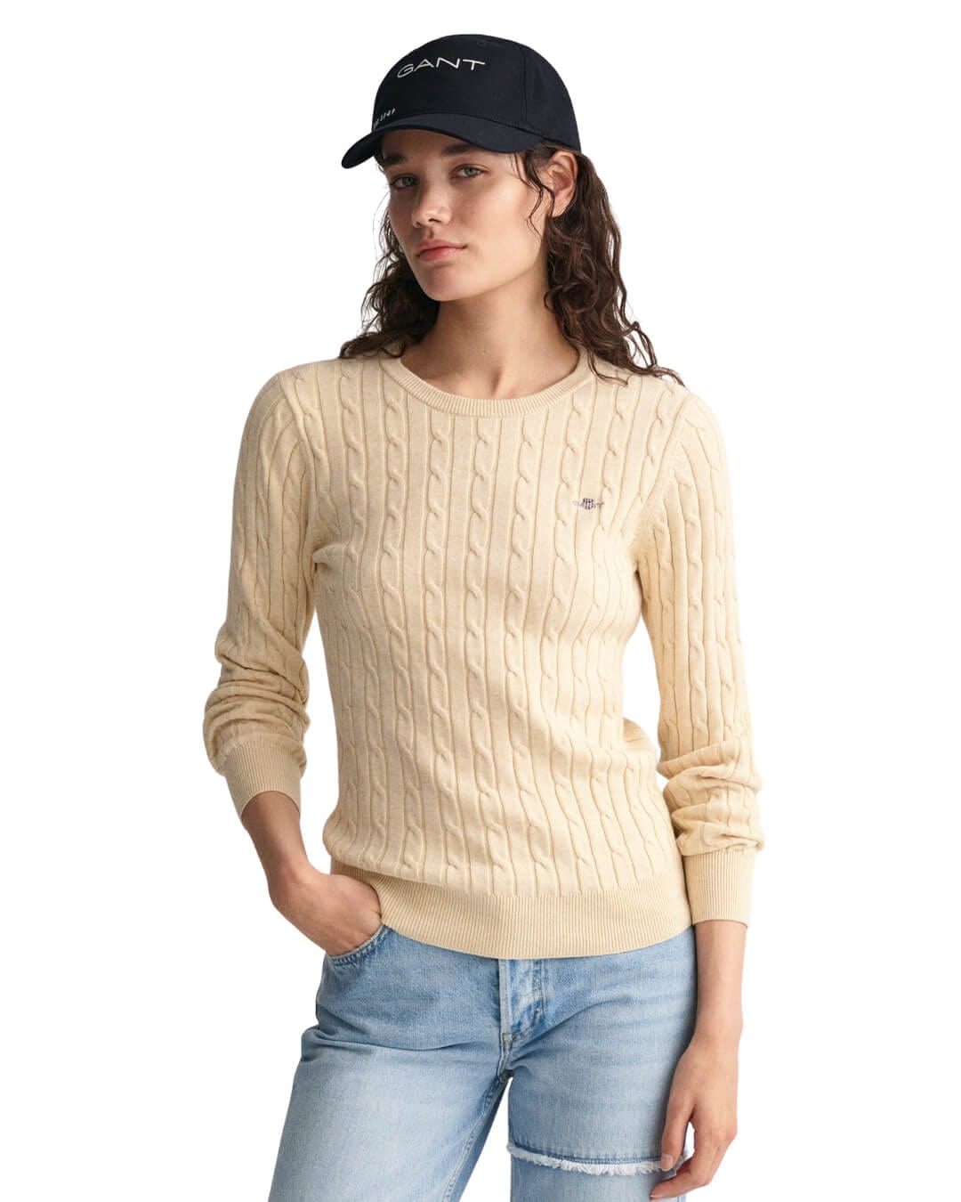Gant Jumpers Gant Linen Stretch Cotton Cable Knit Crew Neck Sweater