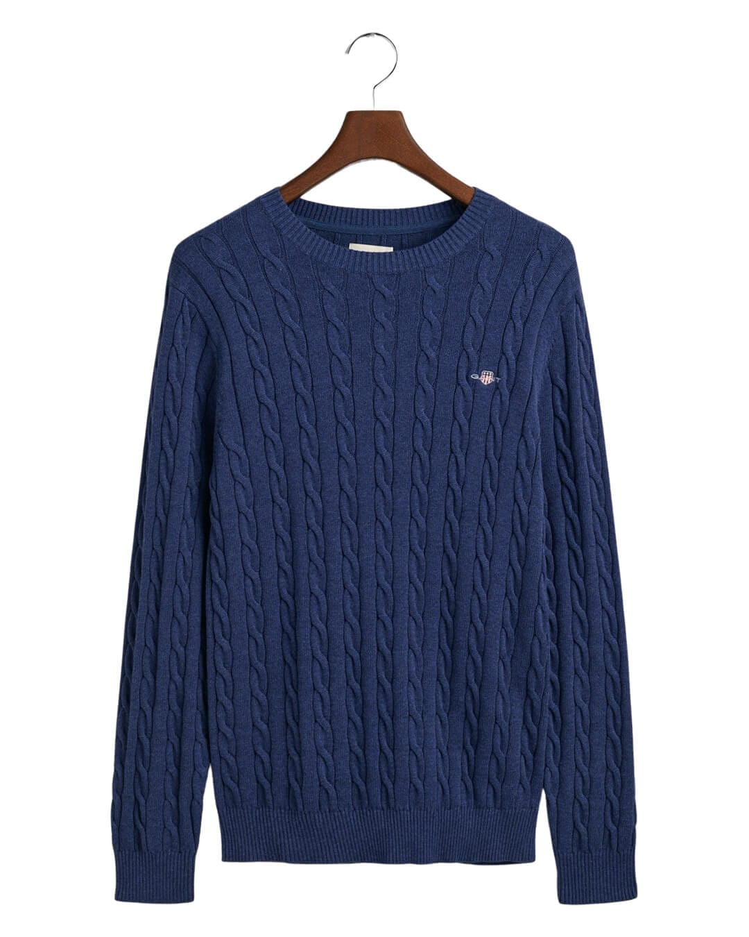 Gant Jumpers Gant Marine Melange Cotton Cable Knit Crew Neck Sweater