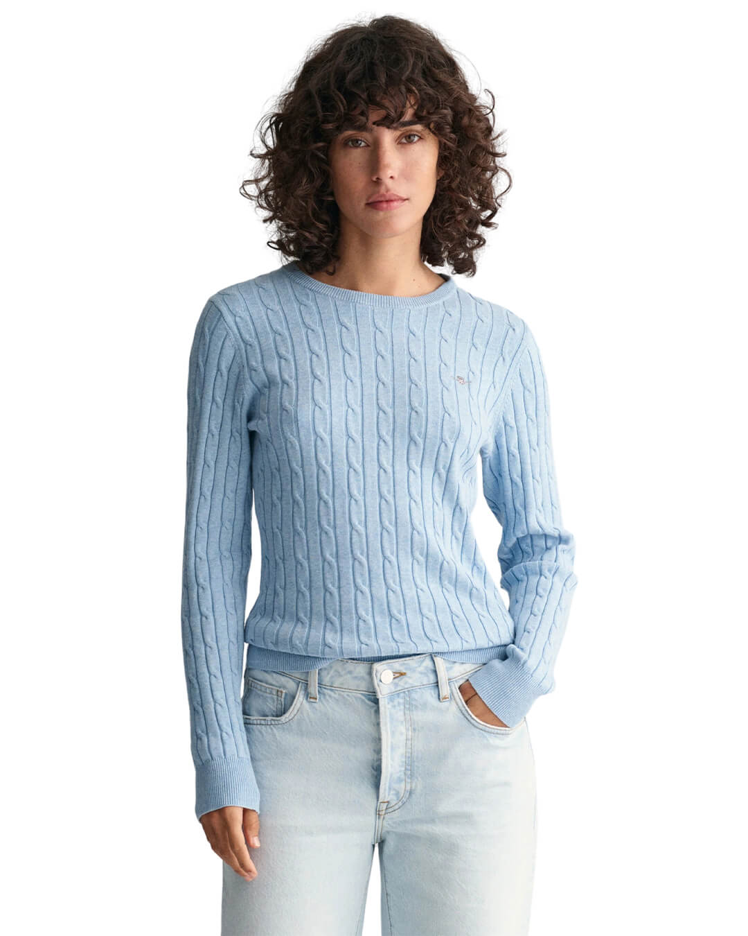 Gant Jumpers Gant Sky Blue Stretch Cotton Cable Knit Crew Neck Sweater